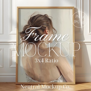 May include: A wooden framed art print mockup leaning against a white wall. The art print features a painting of a person with their back turned. The text "Frame MOCKUP" and "3x4 Ratio" are displayed on the art print. The text "Neutral Mockup Co." is at the bottom.