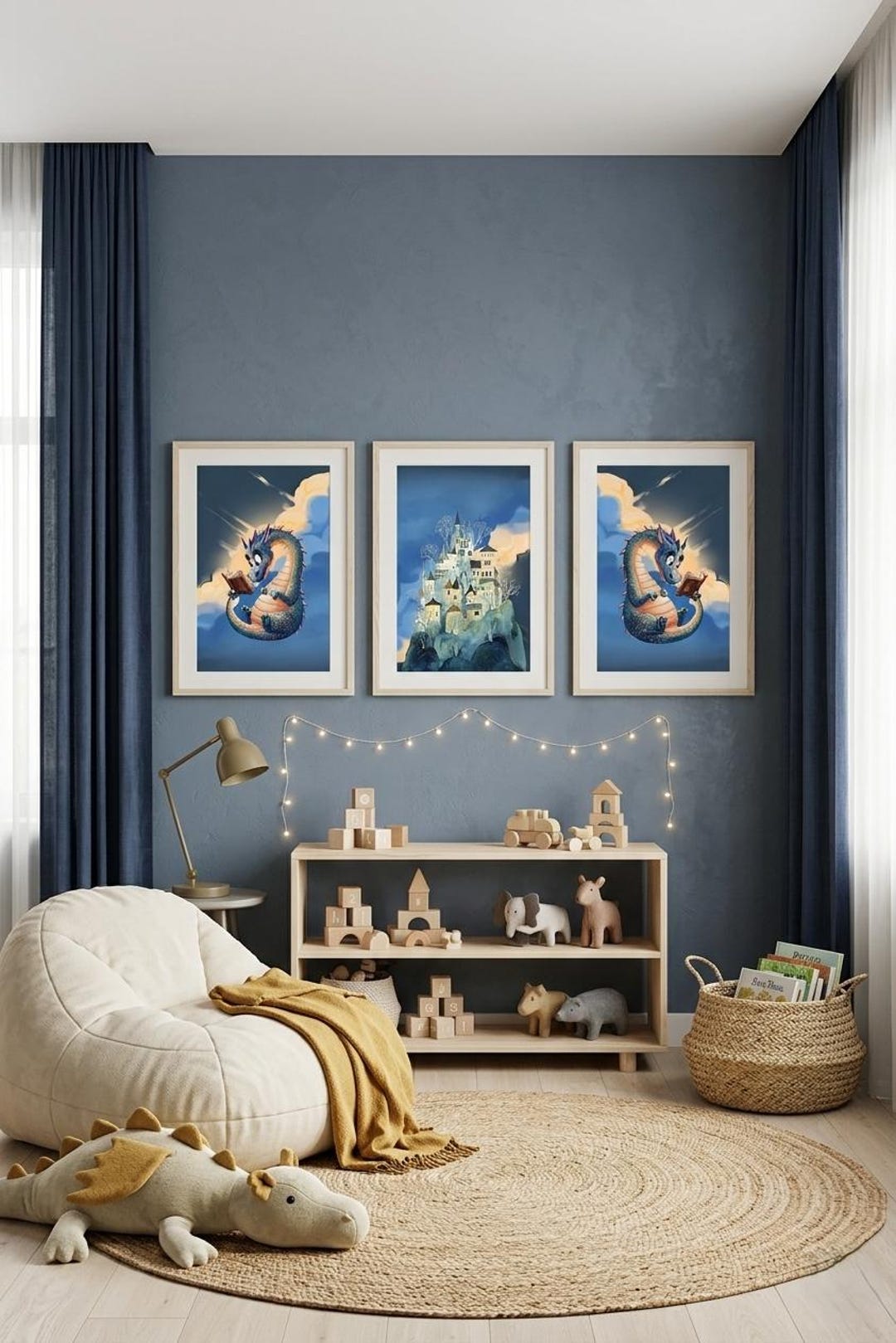Reading Dragon Nursery Art, Fantasy Kids Room Decor, Blue Illustration ...