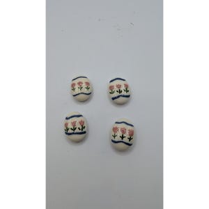 Vintage Ceramic Button Covers Set 4 Pink Tulips Blue Stripes Cottagecore Craft