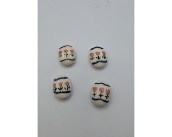 Vintage Ceramic Button Covers Set 4 Pink Tulips Blue Stripes Cottagecore Craft