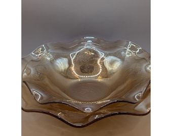 Vintage Jeanette Iris and  Herringbone Marigold Carnival Glass Ruffled Bowls (2)