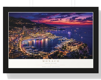 Póster horizontal enmarcado con la puesta de sol en el puerto de Mónaco / Impresión de paisaje urbano costero