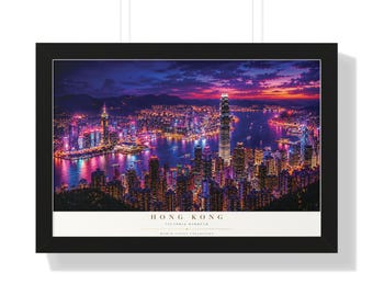 Póster enmarcado del paisaje urbano de Hong Kong / Impresión horizontal del horizonte de neón / Decoración para el hogar y la sala de estar