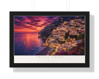 Póster horizontal enmarcado de la puesta de sol en la Costa Amalfitana / Arte mural costero / Decoración del hogar / Lámina para salón