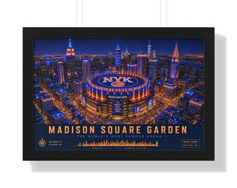 Póster enmarcado con el horizonte nocturno del Madison Square Garden / Arte de pared horizontal / Regalo del Día del Padre para papá / Regalo para aficionados al deporte