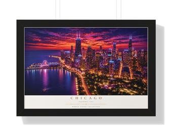 Póster enmarcado del horizonte de Chicago, impresión horizontal del paisaje urbano / Luces nocturnas del lago Michigan
