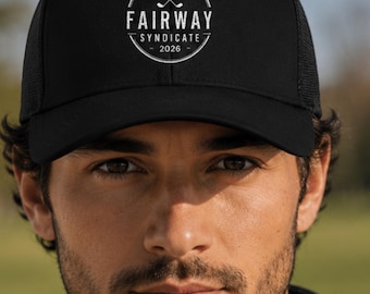 Gorra de golf negra premium, gorra trucker Fairway Syndicate, estilo minimalista de club de golf, regalo para amantes del golf, regalo para papá