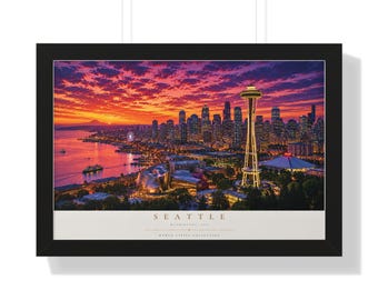 Póster enmarcado del horizonte de Seattle al atardecer / Arte mural horizontal de paisaje urbano / Lámina decorativa para el hogar