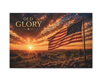 Lienzo mate con la bandera de Old Glory y el amanecer / Lámina decorativa para la pared del salón