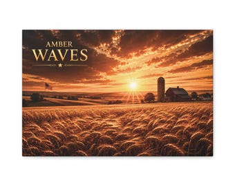 Lienzo mate con diseño de campo de trigo y olas ámbar / lámina decorativa para pared con estampado de atardecer campestre.