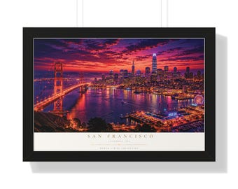 Póster enmarcado del paisaje urbano de San Francisco / Horizonte nocturno del Puente Golden Gate