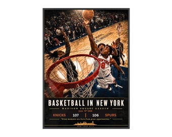 Póster de baloncesto en Nueva York con marco de madera / Arte mural deportivo, lámina de juego vintage / Póster de Game 4 Win