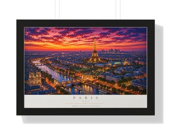 Póster enmarcado de la puesta de sol sobre la Torre Eiffel de París / Cuadro horizontal de paisaje urbano para pared