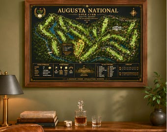 Póster horizontal enmarcado con el mapa del campo de golf Augusta National / Decoración de pared para campos de golf / Regalo para el Día del Padre / Para amantes del golf / Regalo para papá