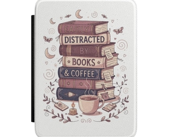 Distraído por los libros y el café. Funda para Kindle / Ilustración de una pila de libros.