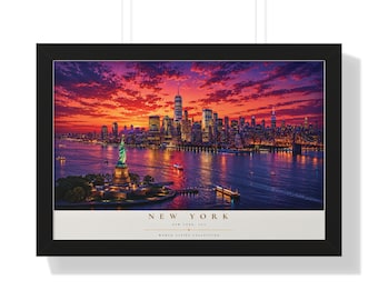 Póster enmarcado del horizonte de la ciudad de Nueva York al atardecer / Estatua de la Libertad (horizontal)