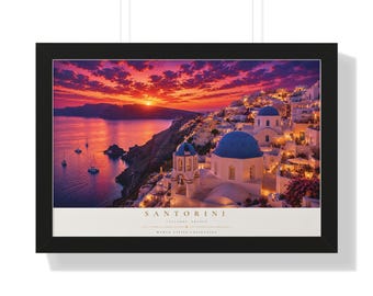 Póster horizontal enmarcado de la puesta de sol en Santorini / Arte mural de paisajes griegos
