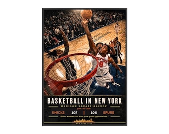 Póster de baloncesto en Nueva York con marco de madera / Arte mural deportivo, lámina de juego vintage / Juego para ganar
