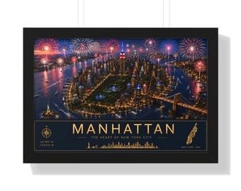 Póster enmarcado del horizonte de Manhattan / Fuegos artificiales nocturnos en la ciudad de Nueva York / Fuegos artificiales del 4 de julio en Nueva York / Decoración de pared para sala de estar u oficina
