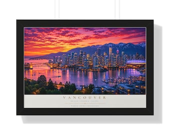 Póster enmarcado con vista panorámica de Vancouver al atardecer / Arte de pared horizontal / Decoración para sala de estar