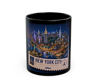Taza con el horizonte nocturno de la ciudad de Nueva York / Taza de café de cerámica negra de 325 ml y 444 ml / Taza para el café de la mañana del 4 de julio