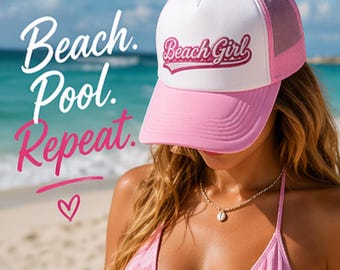 Gorra de camionero de espuma Beach Girl / Logotipo retro con efecto de purpurina rosa