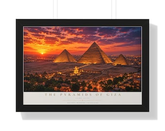 Póster enmarcado de las Pirámides de Giza al atardecer / Arte mural horizontal de viajes / Lámina decorativa para el salón