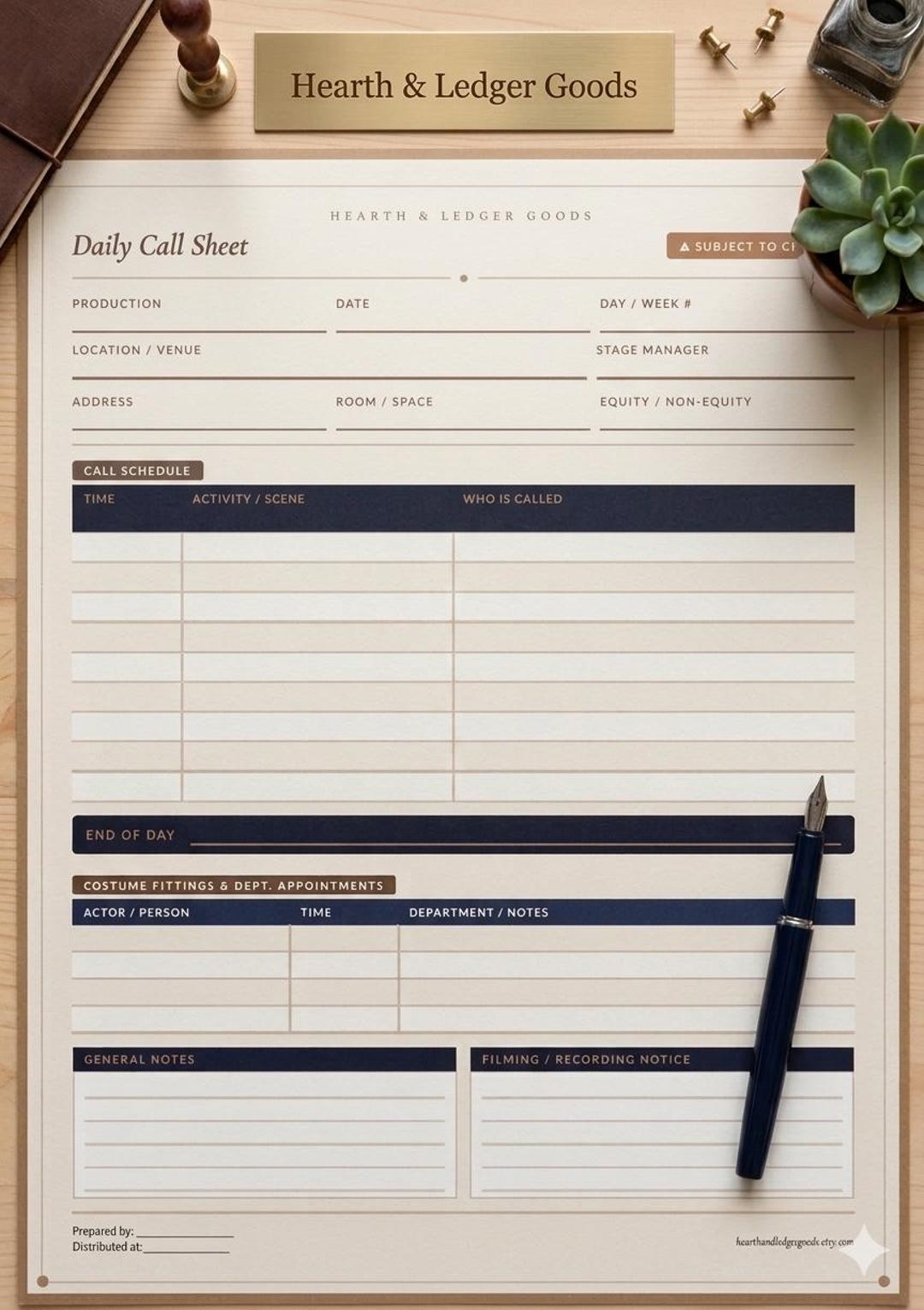 Daily Call Sheet Printable — Stage Manager Template for Rehearsals ...