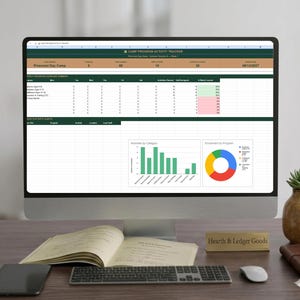 May include: A computer monitor displaying a Camp Program Activity Tracker spreadsheet with green and tan headers, a weekly coverage summary table, a green bar chart for activities by category, and a colorful donut chart for enrollment by program.
