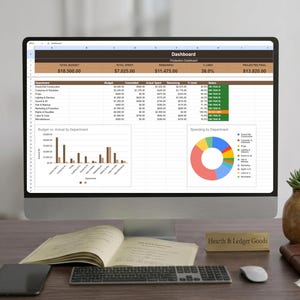 May include: A computer monitor displaying a production dashboard spreadsheet with financial data, a bar chart, and a pie chart. The screen shows columns for budget, spent, and remaining amounts, with a header labeled Dashboard and Hearth & Ledger Goods.
