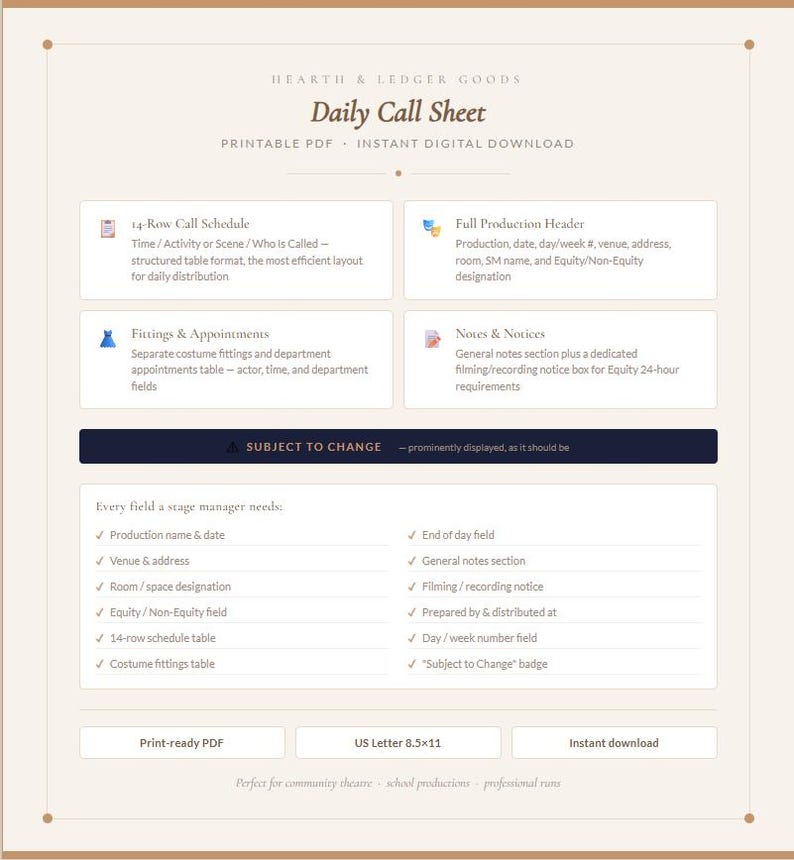 Daily Call Sheet Printable — Stage Manager Template for Rehearsals ...