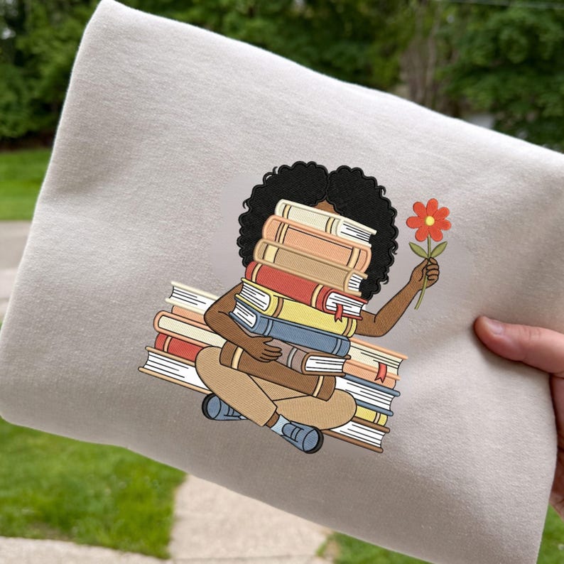Book Lover Girl Embroidery Design: Reading Girl with Flower (Digital Download) image 4