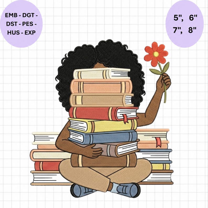 Book Lover Girl Embroidery Design: Reading Girl with Flower (Digital Download) image 1