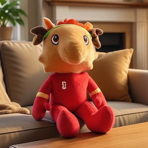 Könnte beinhalten: Ein Plüschtier-Kamel in roter Kleidung mit gelben Akzenten, das auf einem beigen Sofa sitzt. Das Kamel hat ein hellbraunes Gesicht und ein rot-gelbes Stirnband. Das FIFA COF-Logo ist sichtbar.