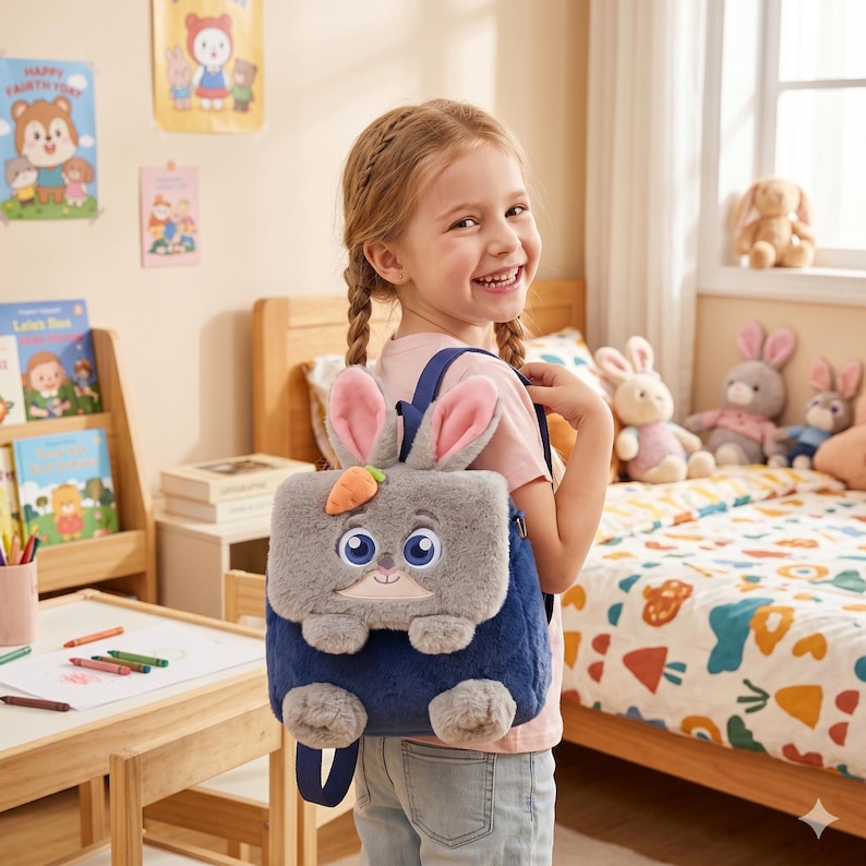 K&ouml;nnte beinhalten: Ein pl&uuml;schiger marineblauer Rucksack mit einer grauen Hasenfigur auf der Frontklappe. Der Hase hat gro&szlig;e blaue Augen, rosa gef&uuml;tterte Ohren und eine kleine orangefarbene Karotte am Kopf. Der Rucksack hat unten zwei graue Pl&uuml;schf&uuml;&szlig;e.