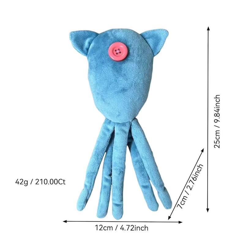 Op de afbeelding: Een lichtblauw pluche speelgoed met een zachte textuur, voorzien van een roze knoop in het midden van de kop en vier bungelende tentakels. Het speelgoed is 25 cm hoog, 12 cm breed en 7 cm diep, met een gewicht van 42 gram.