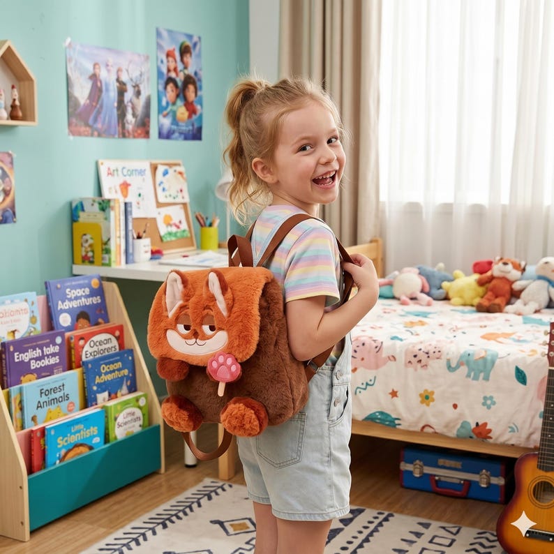 K&ouml;nnte beinhalten: Ein flauschiger, brauner Rucksack aus Pl&uuml;sch mit einem Cartoon-Fuchskopf auf der Vordertasche. Der Fuchs hat gro&szlig;e Ohren, eine wei&szlig;e Schnauze und ein kleines rosa Pfoten-Detail. Der Rucksack hat braune Schultergurte und eine weiche Oberfl&auml;che.