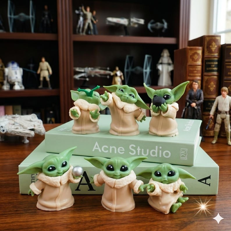 May include: Six small green alien figurines with large ears and black eyes, wearing tan robes with white fur collars. The figures are posed in various positions, with some holding small spherical objects, and are arranged on two stacked light green books.