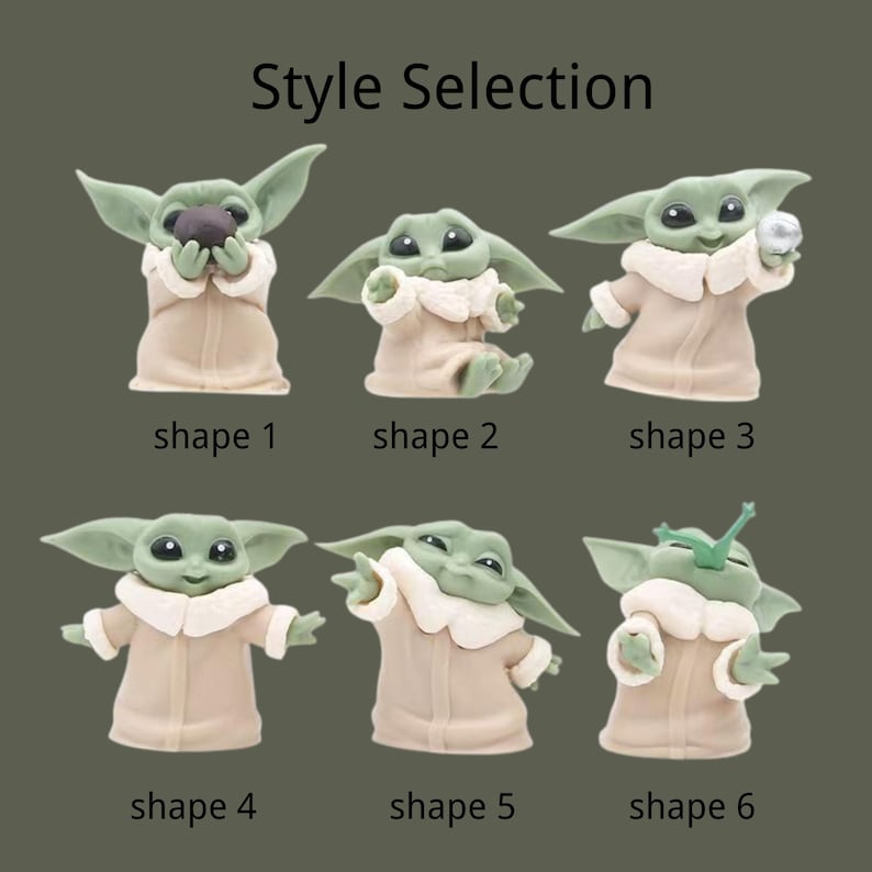 May include: Six green alien figurines with large ears and eyes, wearing beige robes with white collars. Each figure is in a different pose, labeled shape 1 through shape 6. The text Style Selection appears at the top of the image.