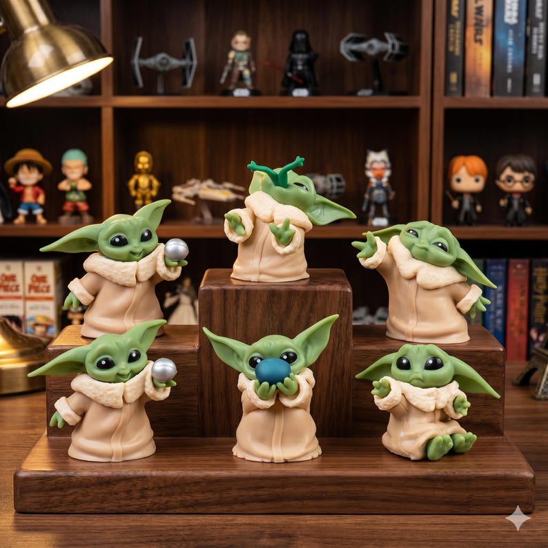 May include: Six green alien figurines with large black eyes and pointed ears, each wearing a tan robe with a fuzzy collar. The figures are posed in various actions, including holding small spheres, reaching out, or eating, displayed on a tiered wooden stand.