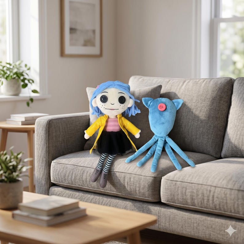 Op de afbeelding: Een pluche pop met blauw garen haar, zwarte knoopogen, een gele regenjas, roze shirt, zwarte rok en gestreepte legging, naast een blauwe pluche octopus met een enkele roze knoop op de kop en acht lange tentakels.