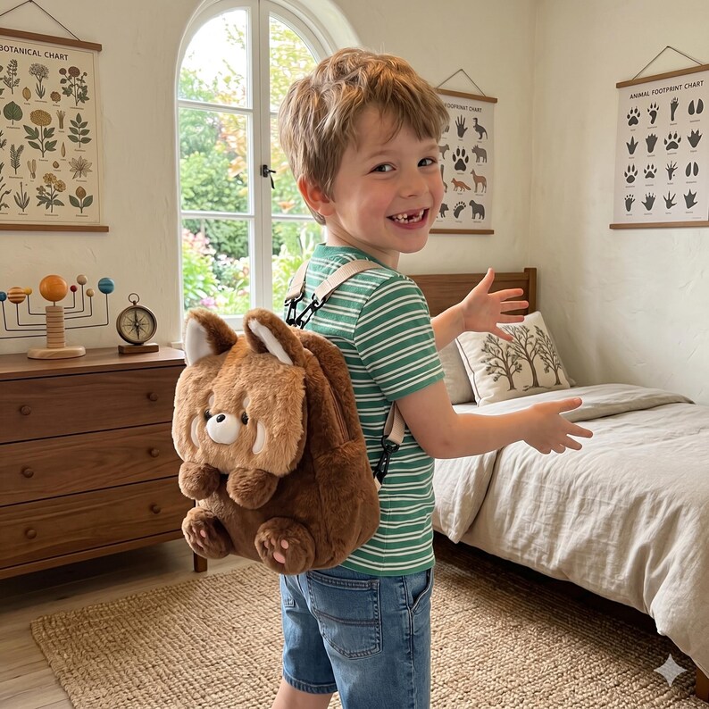 K&ouml;nnte beinhalten: Ein pl&uuml;schiger, brauner Rucksack in Form eines kleinen roten Pandas mit weicher, flauschiger Textur, abgerundeten Ohren, einem kleinen wei&szlig;en Gesichtsfleck und integrierten Stofftiergliedma&szlig;en sowie verstellbaren beigen Trageriemen.