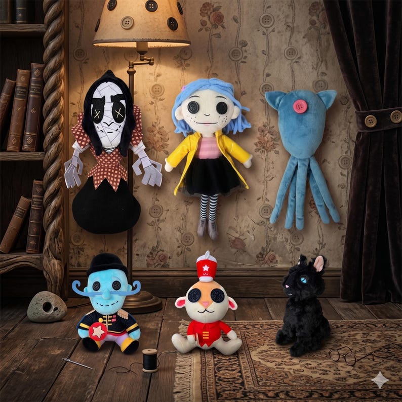Op de afbeelding: Een verzameling van zes pluche poppen met verschillende personages. De set bevat een figuur met een zwarte capuchon, een pop met blauw haar in een gele jas, een blauw octopusachtig wezen, een blauw figuur met een snor, een dier en een zwarte kat.