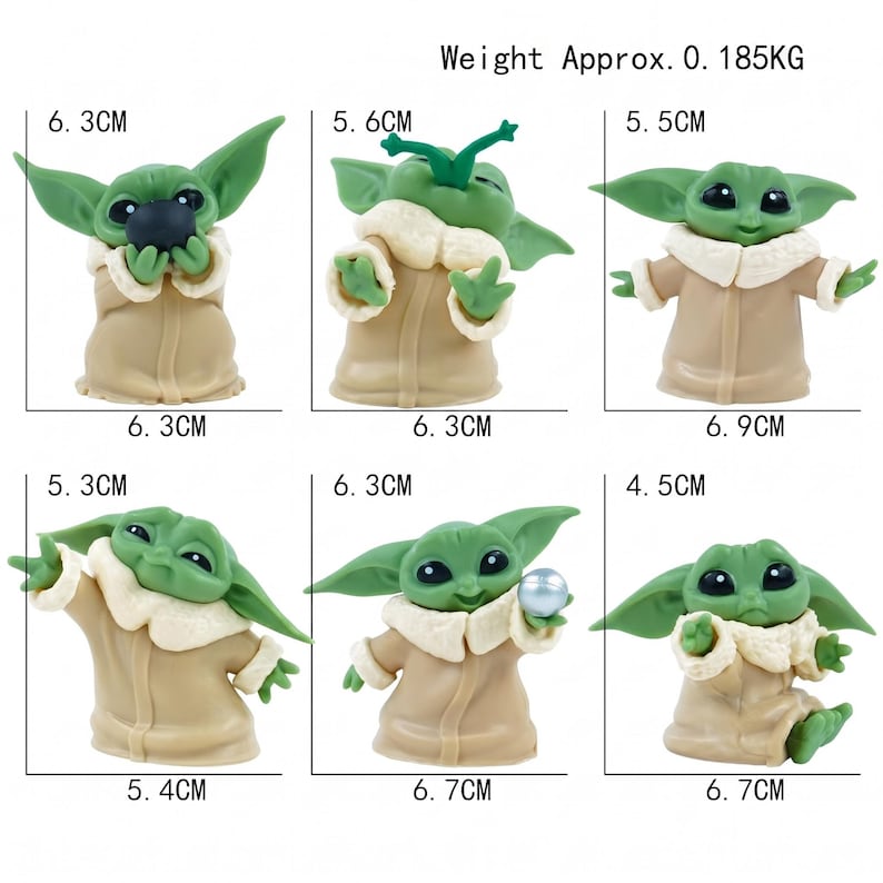 May include: A set of six green alien figurines with large ears and black eyes, wearing tan robes with white collars. Each figure is shown with specific metric dimensions ranging from 4.5 cm to 6.9 cm and a total weight of approximately 0.185 kg.
