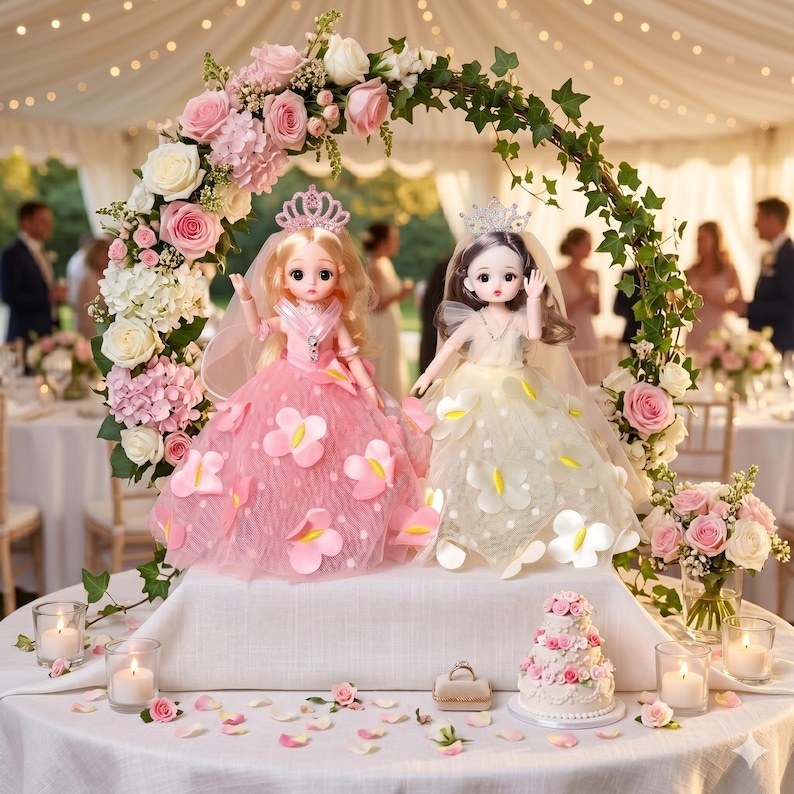 Puede incluir: Dos mu&ntilde;ecas con vestidos elaborados y tiaras se encuentran frente a un arco floral. La mu&ntilde;eca de la izquierda viste un vestido rosa con aplicaciones de flores rosas, mientras que la de la derecha viste un vestido blanco con flores blancas.