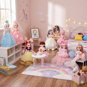 Puede incluir: Una colecci&oacute;n de ocho mu&ntilde;ecas vestidas con diversos vestidos y atuendos coloridos, incluyendo vestidos de princesa, una cola de sirena y diademas con motivos animales, dispuestas en una habitaci&oacute;n con una mesa blanca, un peque&ntilde;o tocador y una alfombra de arco&iacute;ris.