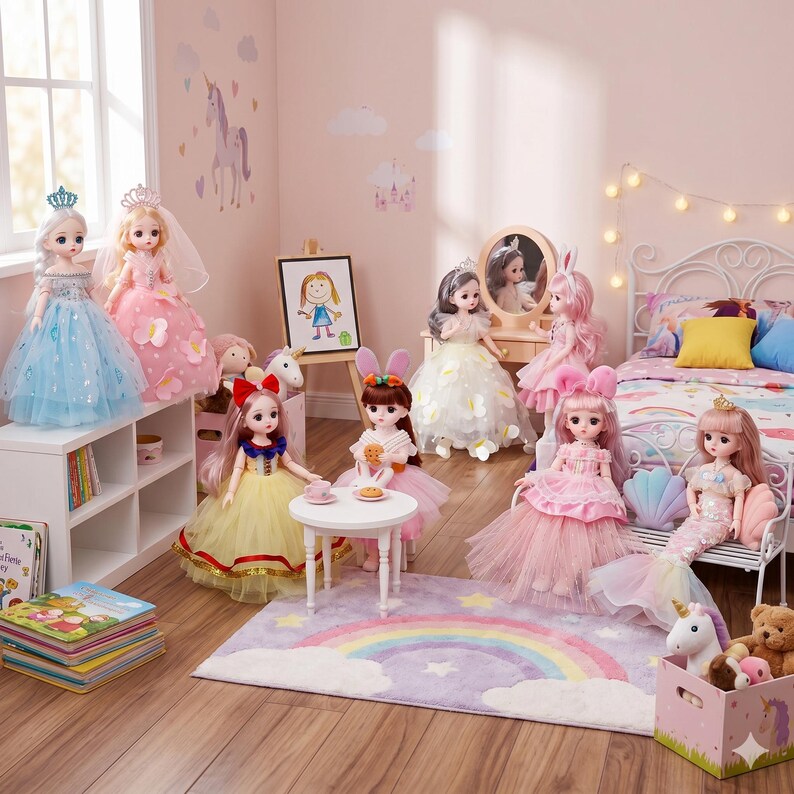 Puede incluir: Una colecci&oacute;n de ocho mu&ntilde;ecas vestidas con diversos vestidos y atuendos coloridos, incluyendo vestidos de princesa, una cola de sirena y diademas con motivos animales, dispuestas en una habitaci&oacute;n con una mesa blanca, un peque&ntilde;o tocador y una alfombra de arco&iacute;ris.
