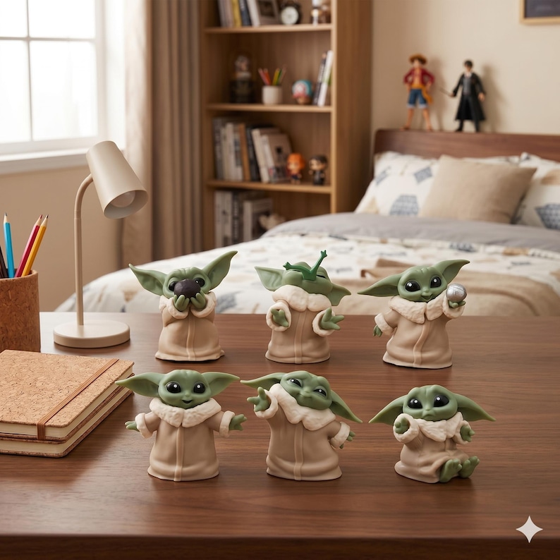May include: A set of six small green figurines with large black eyes and pointed ears, each wearing a tan robe with a white faux fur collar. The figures are posed in various positions, including holding small spheres, reaching out, and sitting.