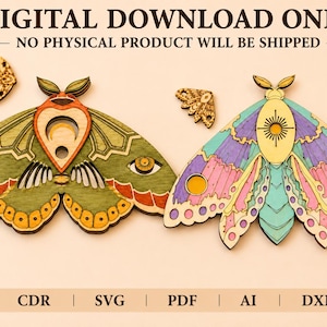 May include: Colorful wooden moth cutouts with intricate designs. One is green and orange, the other is blue, purple, and pink. The image includes smaller moth wing cutouts and text that reads "DIGITAL DOWNLOAD ONLY."