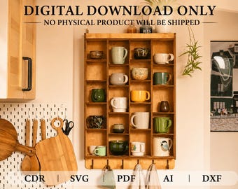 Puede incluir: Un estante de madera lleno de varias tazas de diferentes colores y diseños. El estante está montado en una pared de la cocina, con utensilios de cocina y una tabla de cortar colgando cerca. El texto "DIGITAL DOWNLOAD ONLY" está en la parte superior.